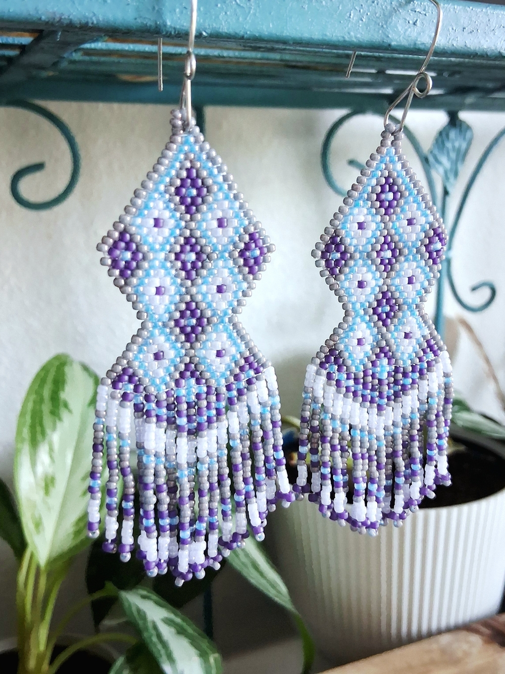 Handmade Geometric Beaded Fringe Earrings, Purple & Blue, 4.5" - Picture 3 of 7